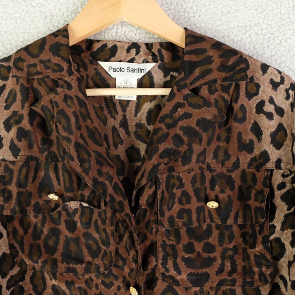 Vintage Shirt Womens 6 Brown Gold Leopard Animal Print Silk Button Up 80s - Picture 2 of 10